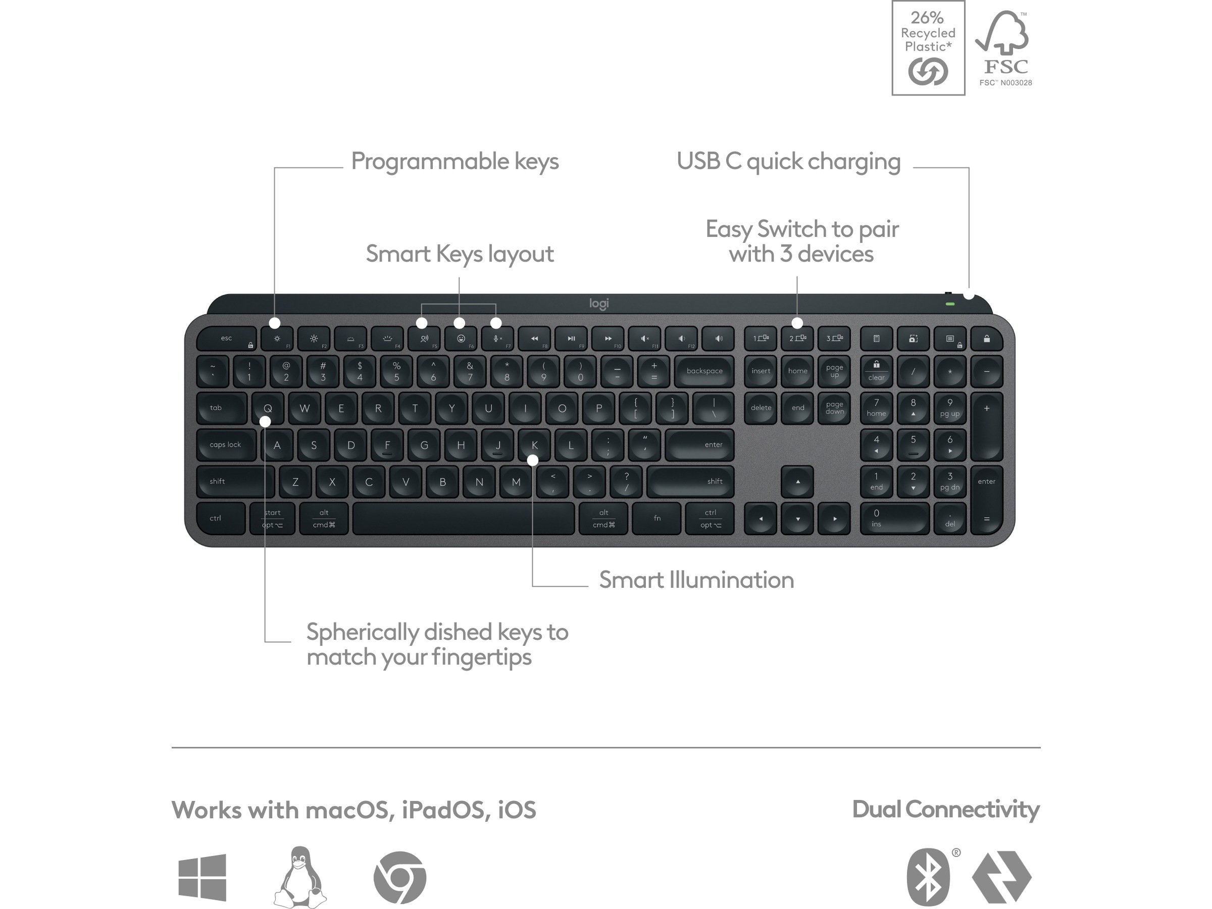 Logitech MX Keys S Trådløst Tastatur (graphite) Keyboards
