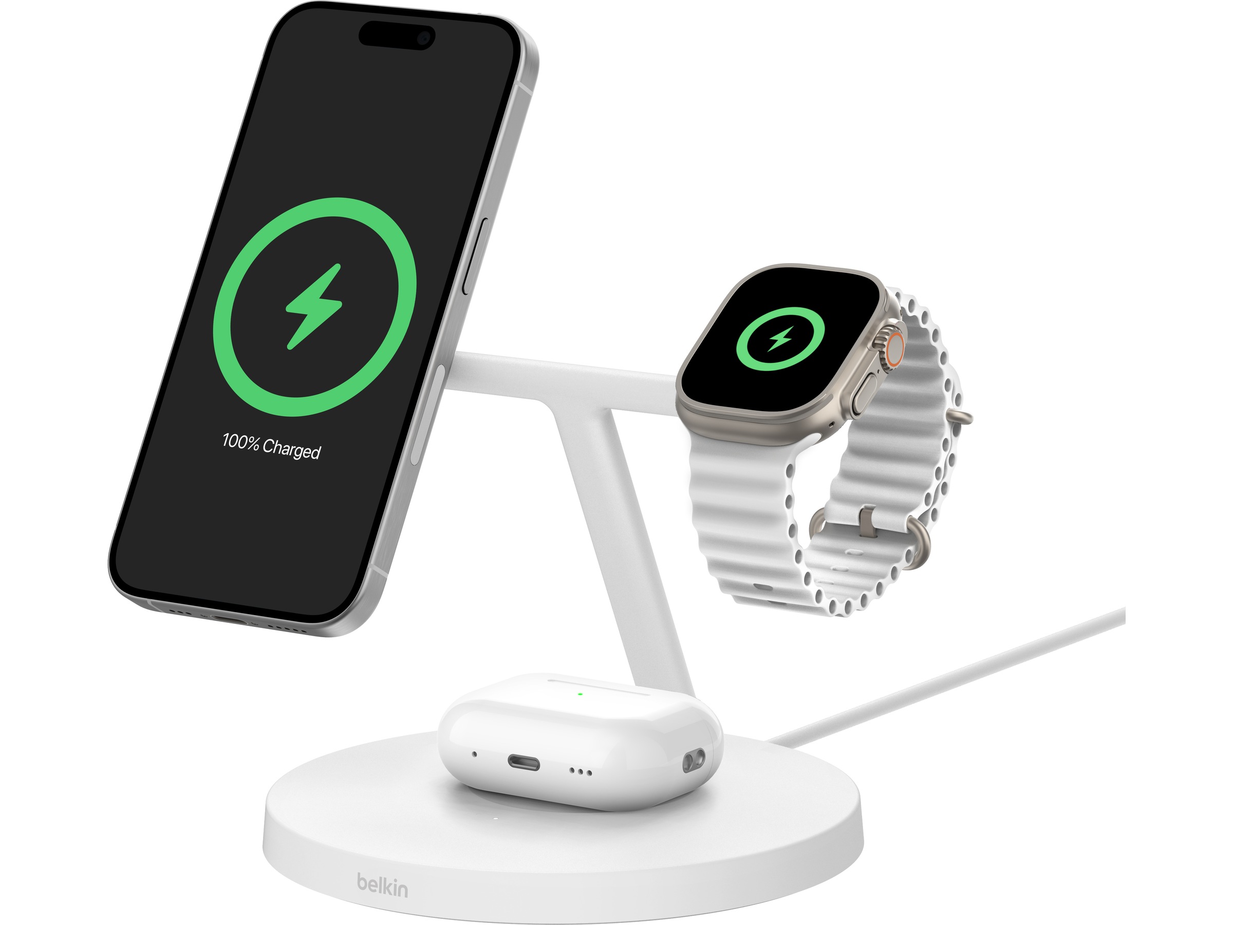 Belkin 3-i-1 Qi2 15W Ladestativ (hvid) Trådløs oplader