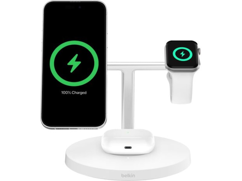Belkin 3-i-1 Qi2 15W Ladestativ (hvid) Trådløs oplader