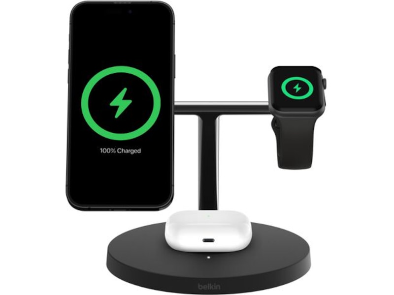 Belkin 3-i-1 Qi2 15W Ladestativ (sort) Trådløs oplader