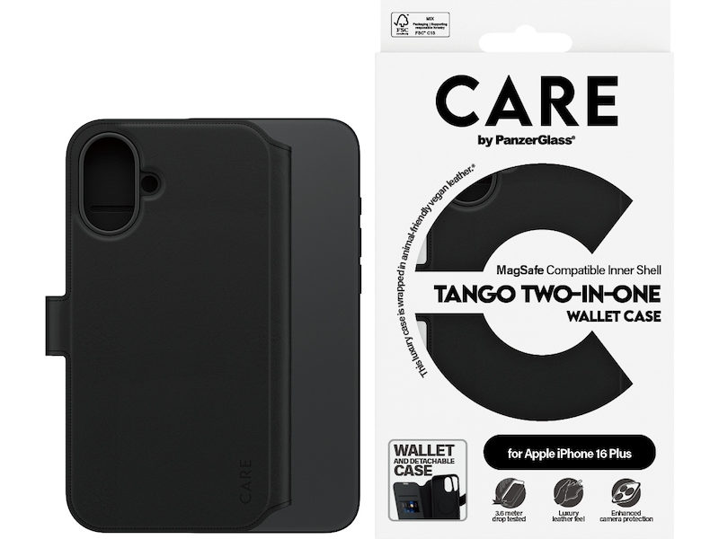 PanzerGlass CARE iPhone 16 Plus Tango 2-i-1 Wallet cover (sort) Mobilcover