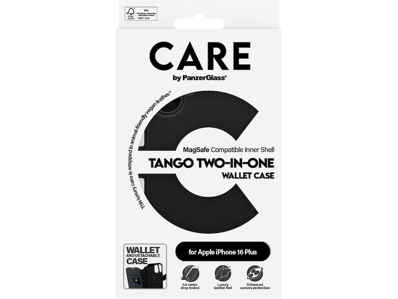 PanzerGlass CARE iPhone 16 Plus Tango 2-i-1 Wallet cover (sort) Mobilcover