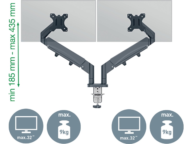 Leitz Ergo Monitor Arm Dual, pladsbesparende 17"-32" flad / buet skærm Væg ophæng