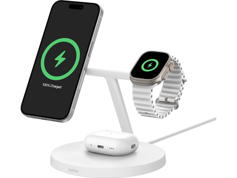 Belkin 3-i-1 Qi2 15W Ladestativ (hvid) Trådløs oplader