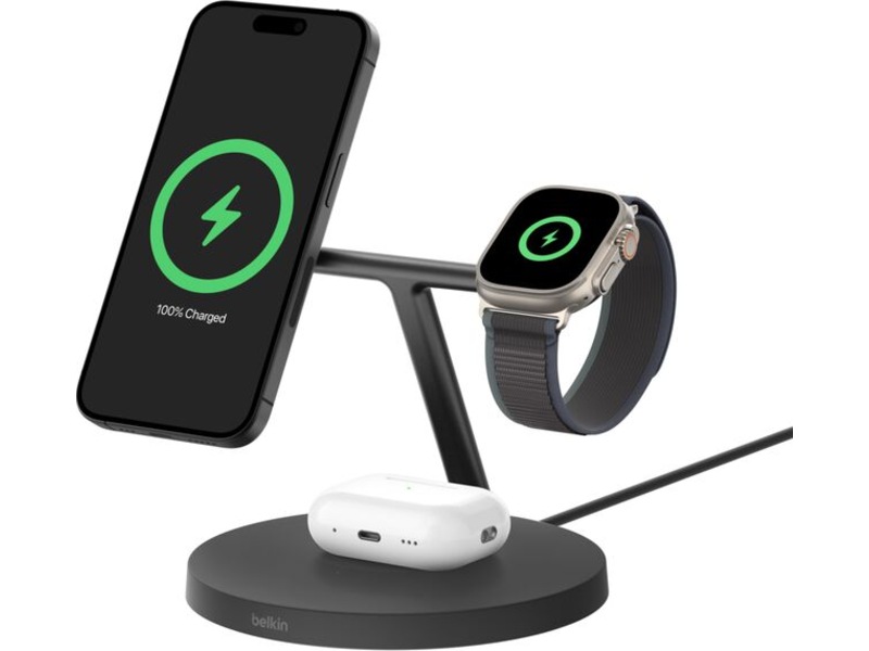 Belkin 3-i-1 Qi2 15W Ladestativ (sort) Trådløs oplader