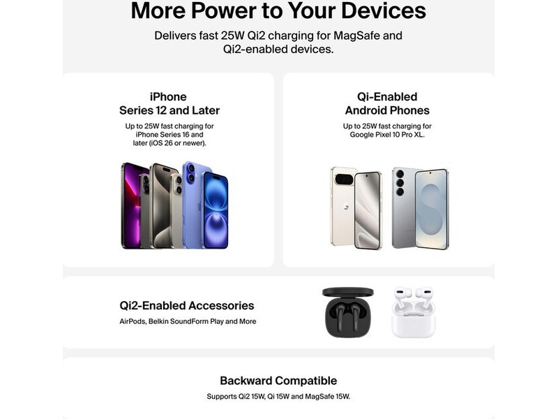 Belkin UltraCharge magnetisk ladeplade 25W Qi2 med stativ Trådløs oplader