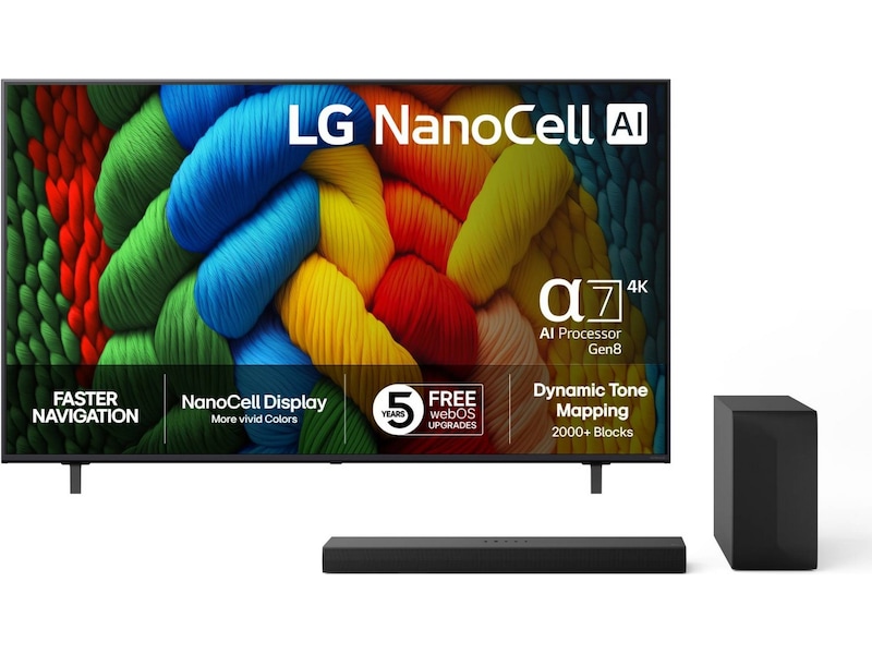 LG 75" NANO80 AI 4K NanoCell Smart TV (2025) + Soundbar 70 - 79 tommer TV