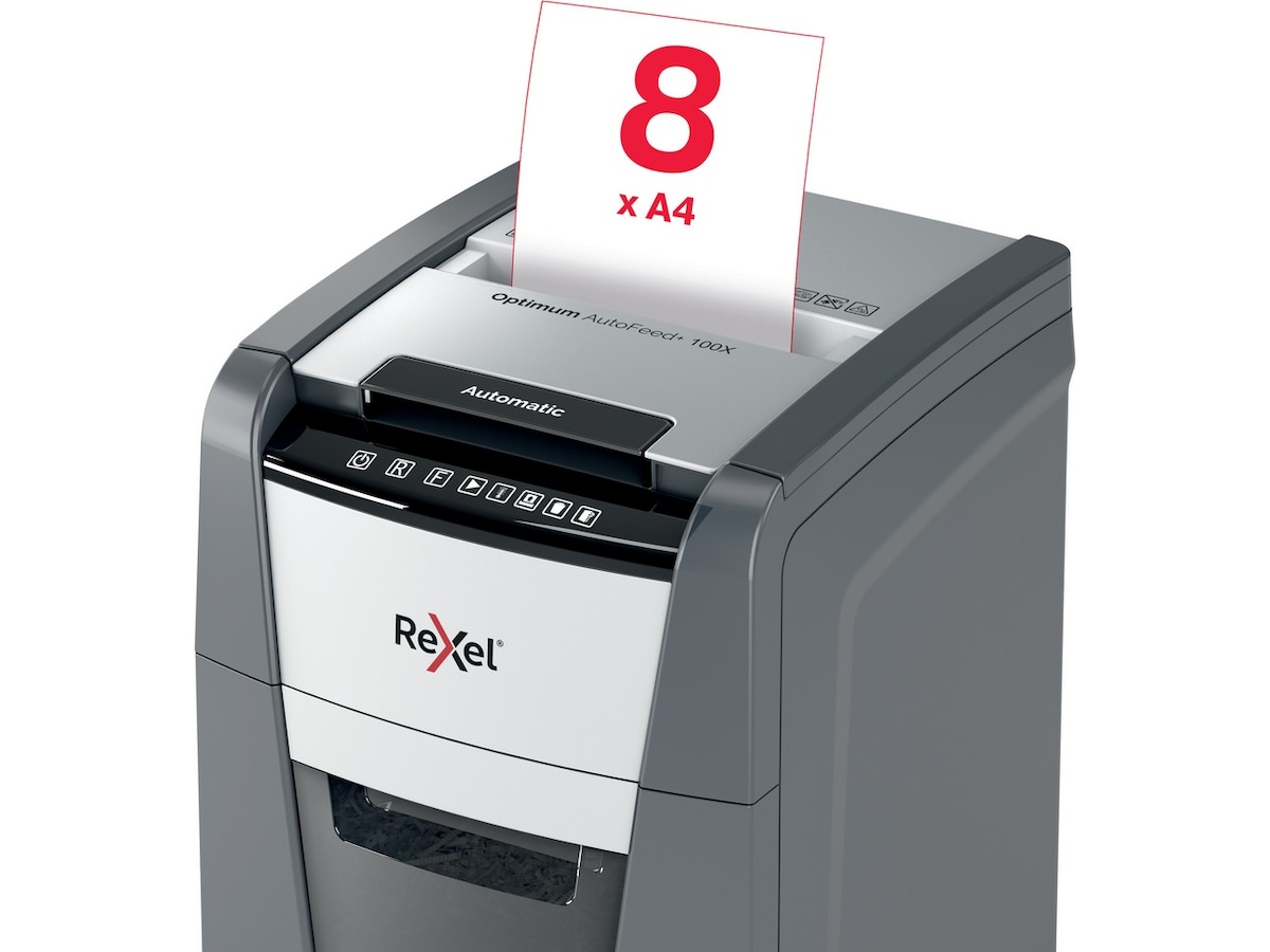 Rexel makulator Optimum AutoFeed+ 100X automatisk krydsklip P4 Makuleringsmaskiner