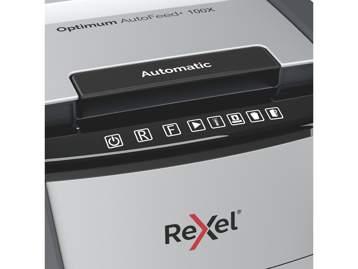 Rexel makulator Optimum AutoFeed+ 100X automatisk krydsklip P4 Makuleringsmaskiner