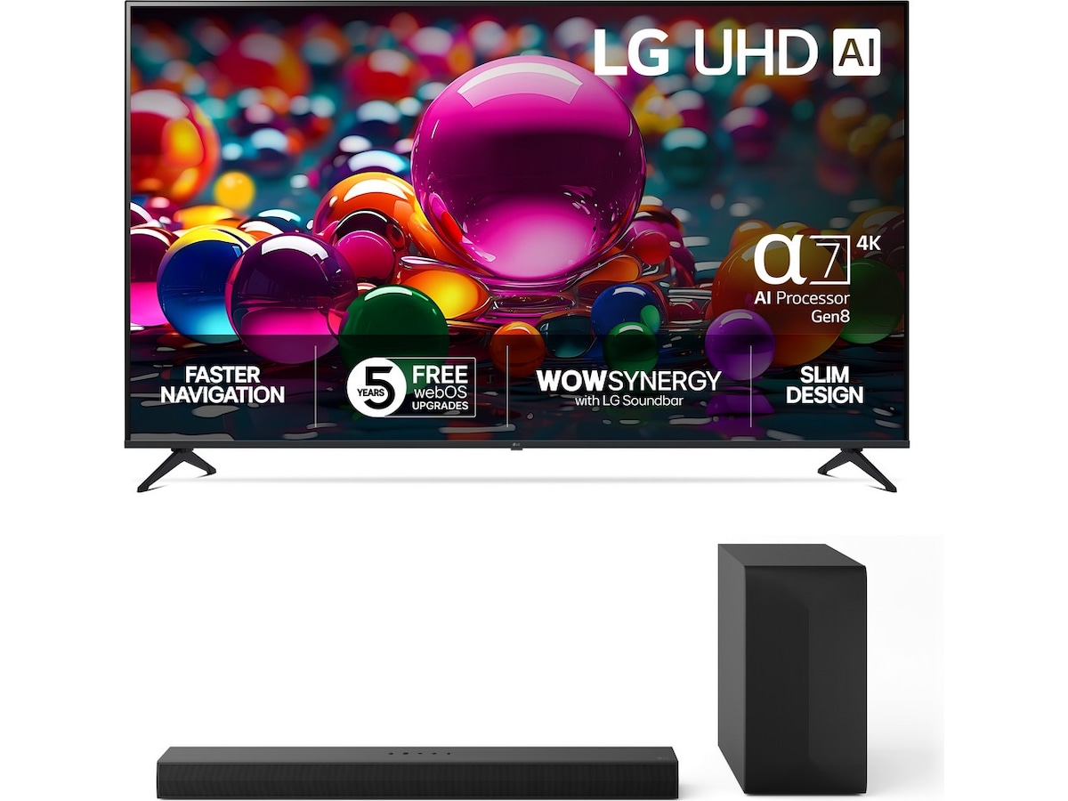 LG 86'' UA75 AI 4k Smart TV (2025) + NS60 Soundbar Over 80 tommer TV