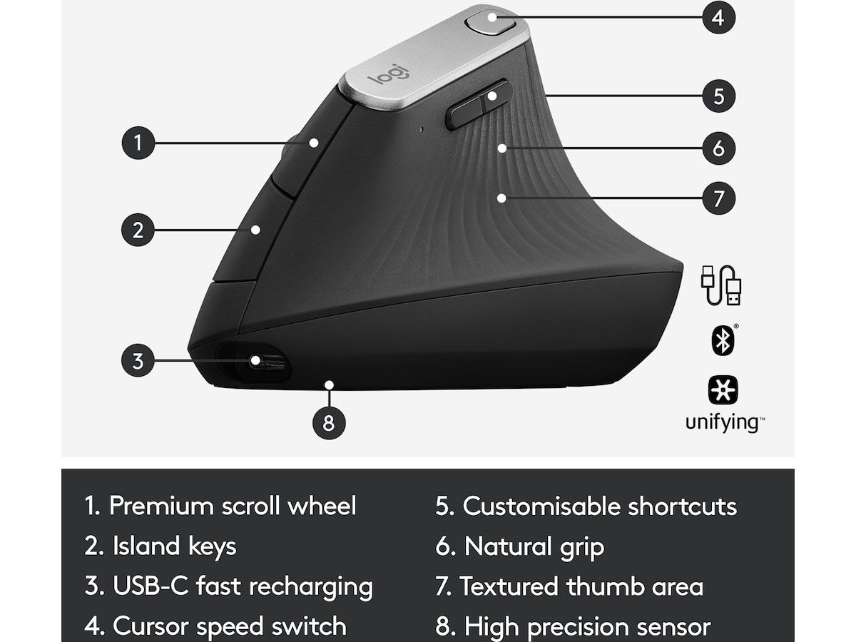 Logitech MX Vertical Trådløs Bluetooth Computermus Ergonomiske