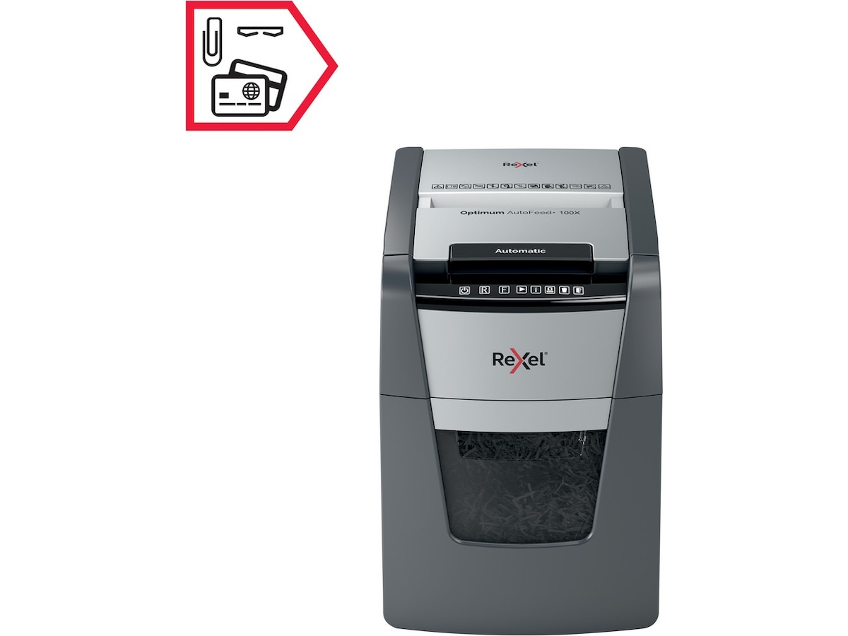 Rexel makulator Optimum AutoFeed+ 100X automatisk krydsklip P4 Makuleringsmaskiner