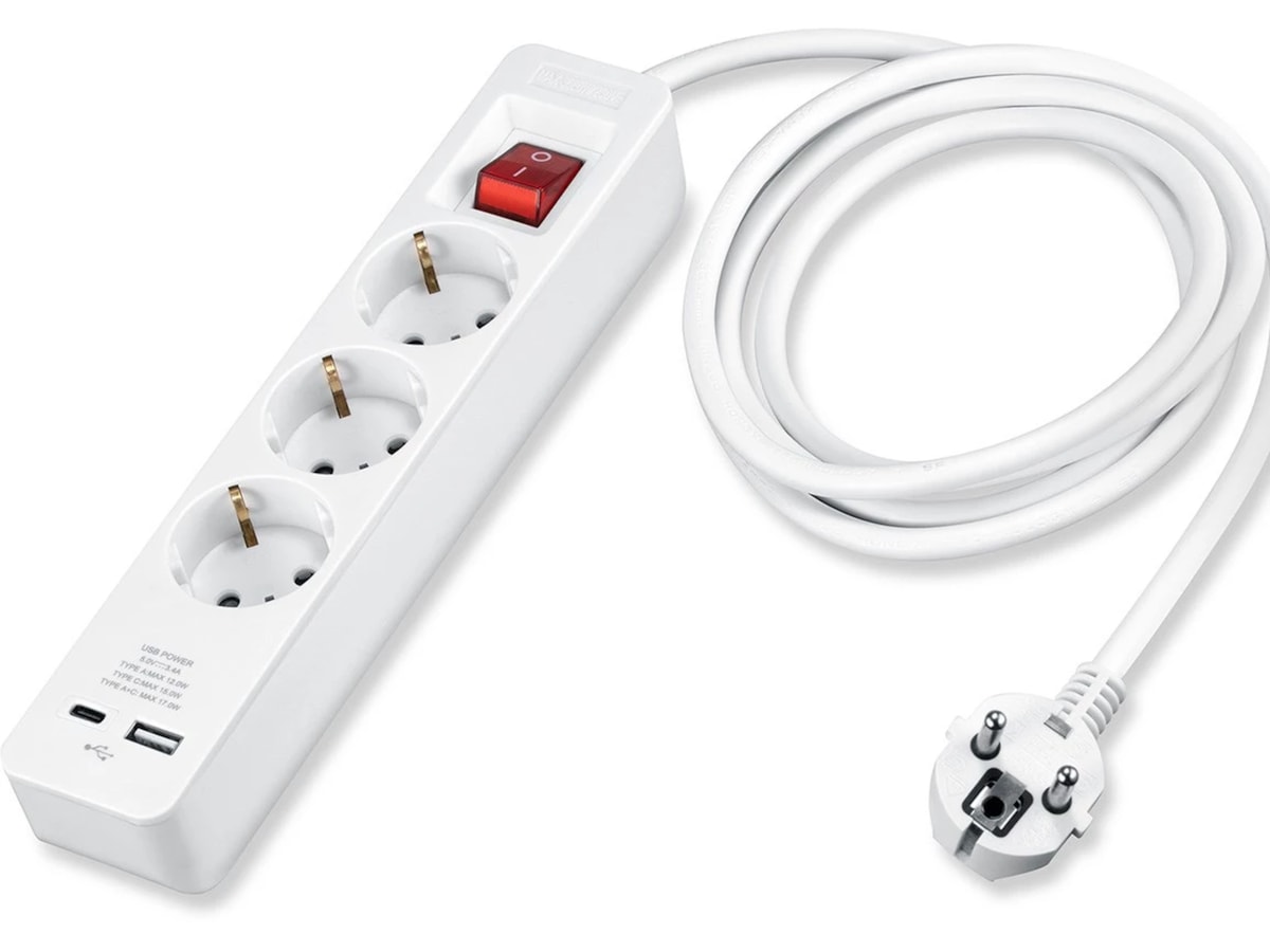 Andersson Strømfordeler 3x stik og 2x USB 1,5m (hvid) Forlængerkabel & strømskinne