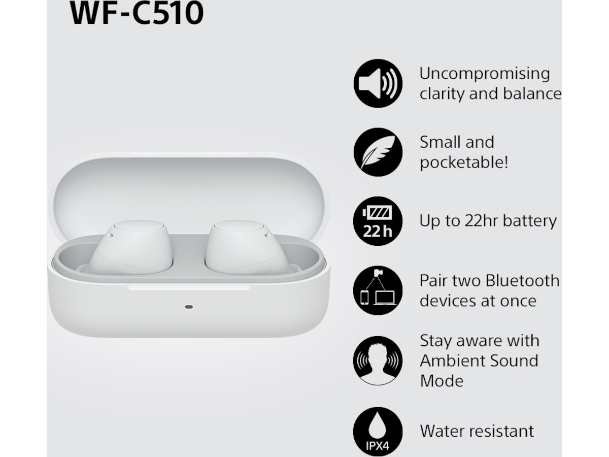 Sony WF-C510 Trådløse høretelefoner, Earbuds med mikrofon (hvid) In-ear høretelefoner
