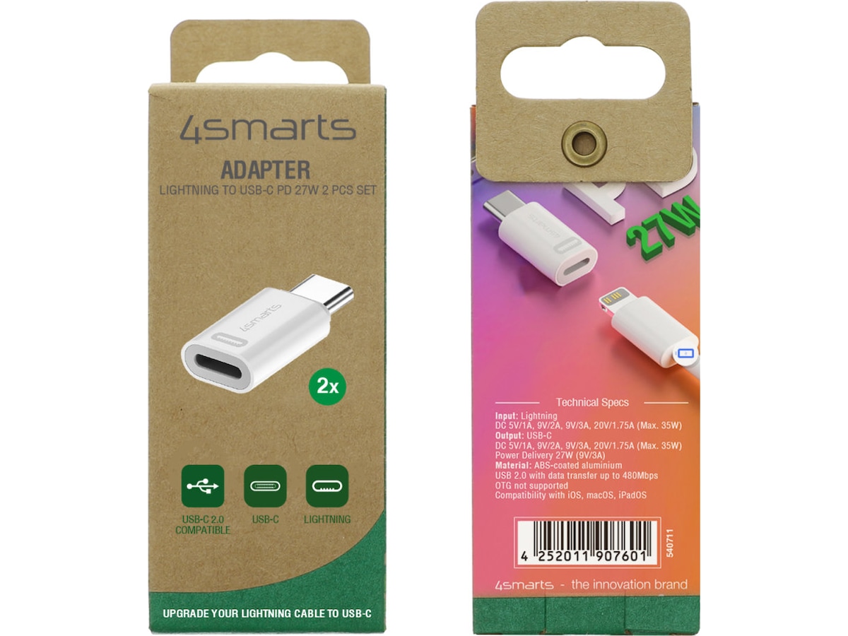 4smarts Lightning til USB-C Adapter, 2-pack (hvid) Adapter og kabel