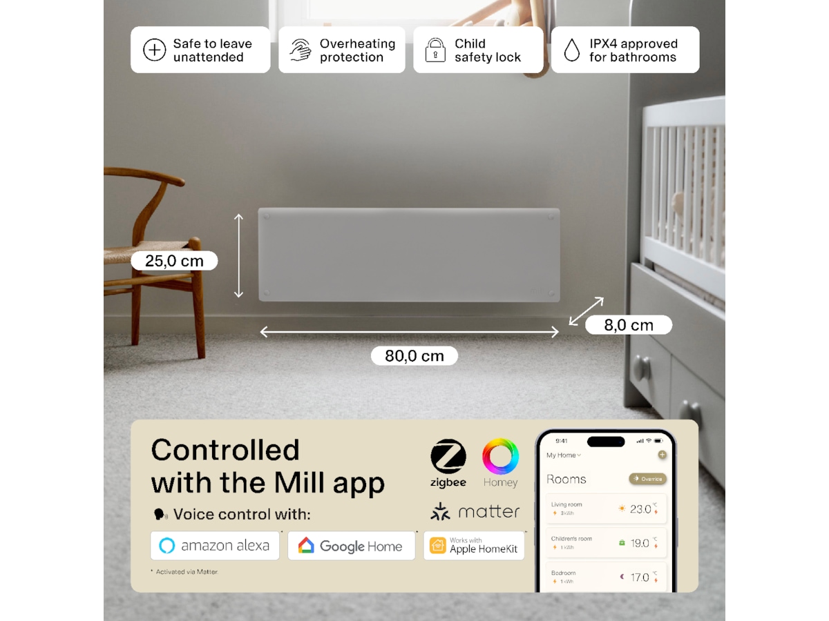 Mill Glass Smart WiFi Gen 4 panelovn 500W Varmepaneler