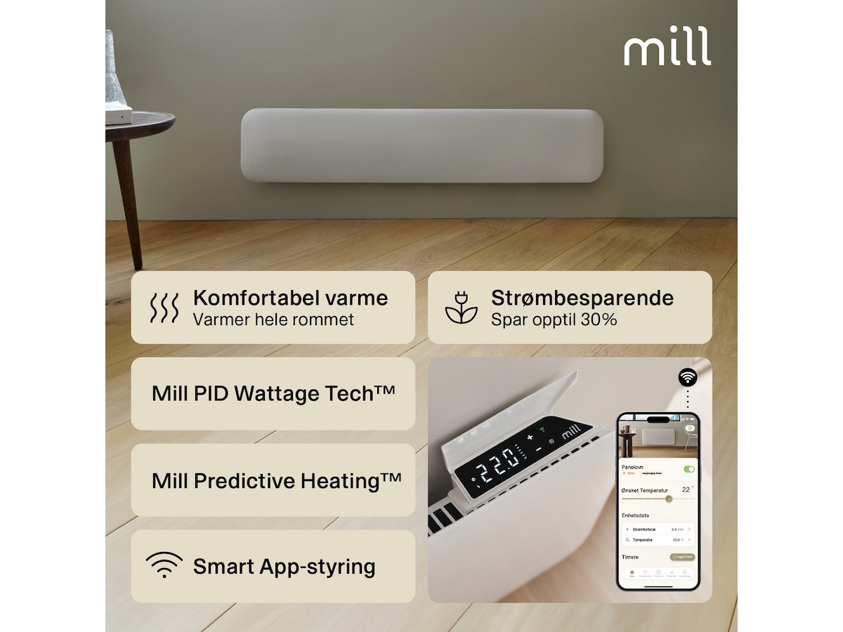 Mill Invisible Smart WiFi Gen 4 panelovn 1050W Varmepaneler