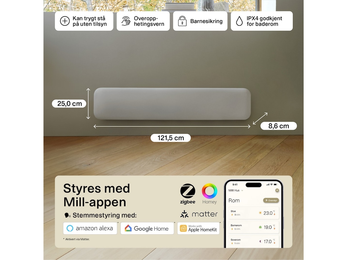 Mill Invisible Smart WiFi Gen 4 panelovn 1050W Varmepaneler