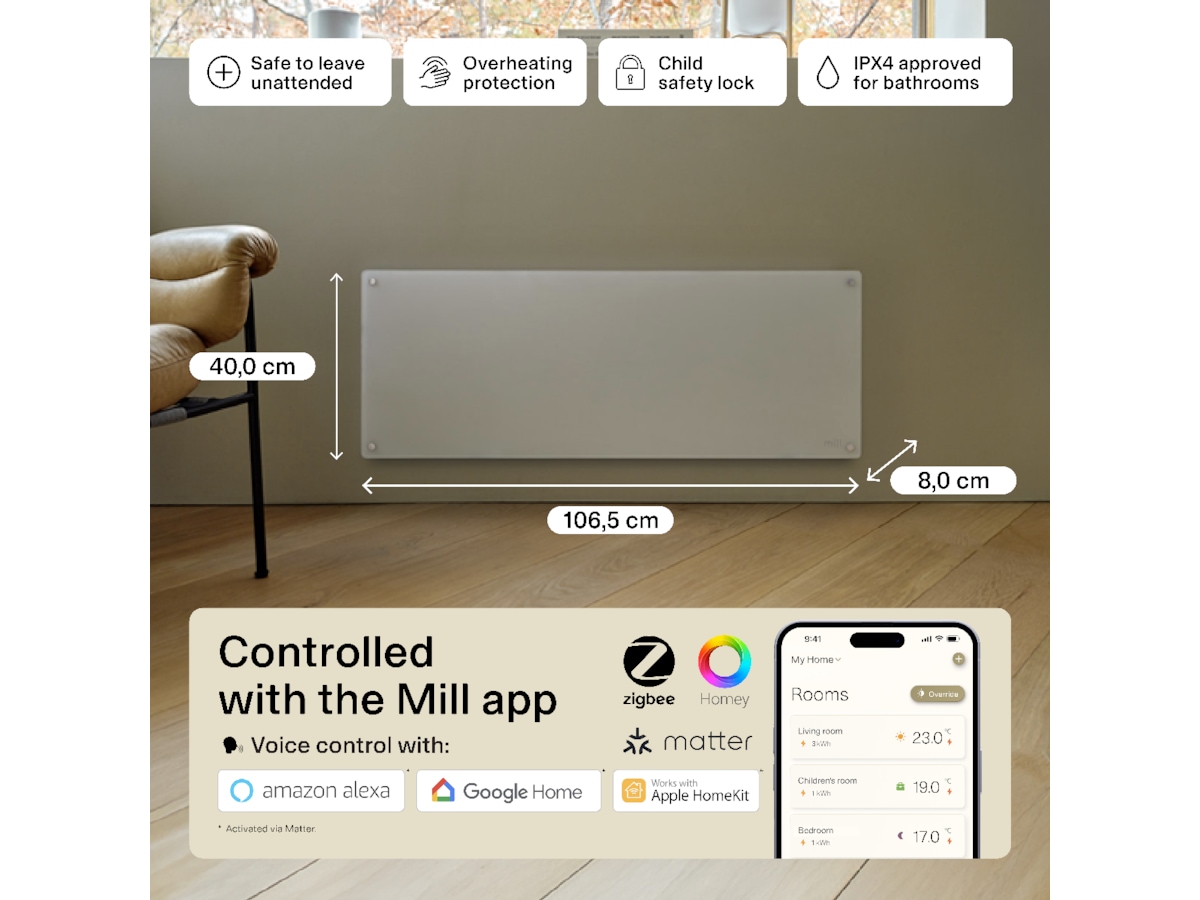 Mill Glass Smart WiFi Gen 4 panelovn 1300W (hvid) Varmepaneler