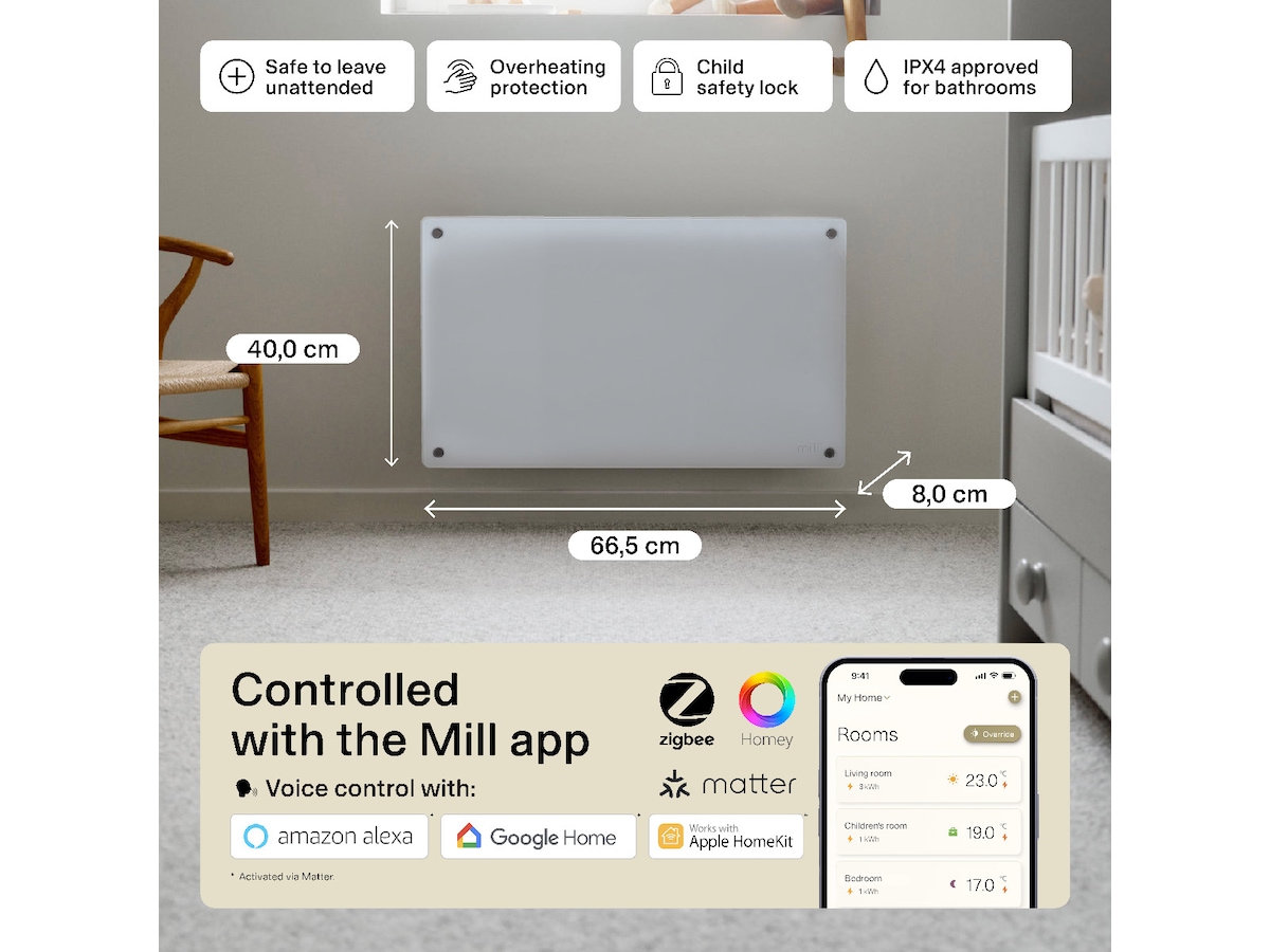 Mill Glass Smart WiFi Gen 4 700W (hvid) Varmepaneler