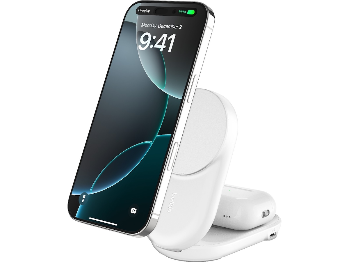 Belkin UltraCharge 2-i-1 Qi2 trådløs oplader (hvid) Trådløs oplader