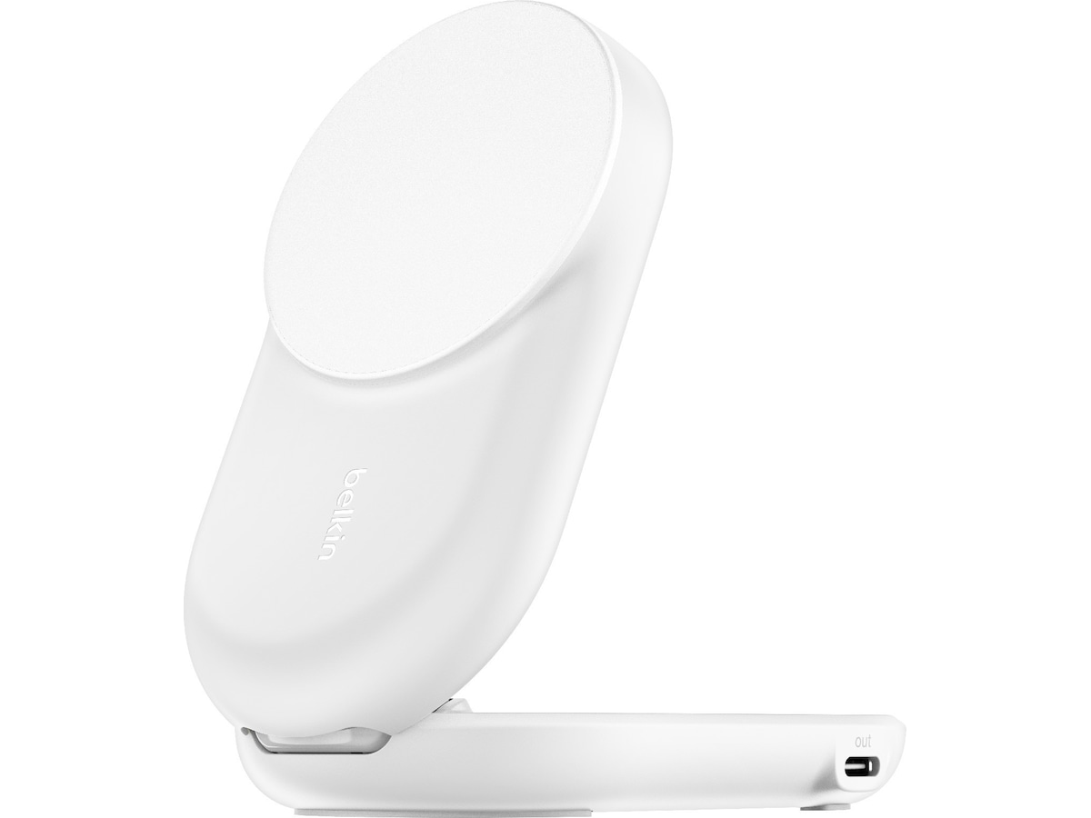 Belkin UltraCharge 2-i-1 Qi2 trådløs oplader (hvid) Trådløs oplader