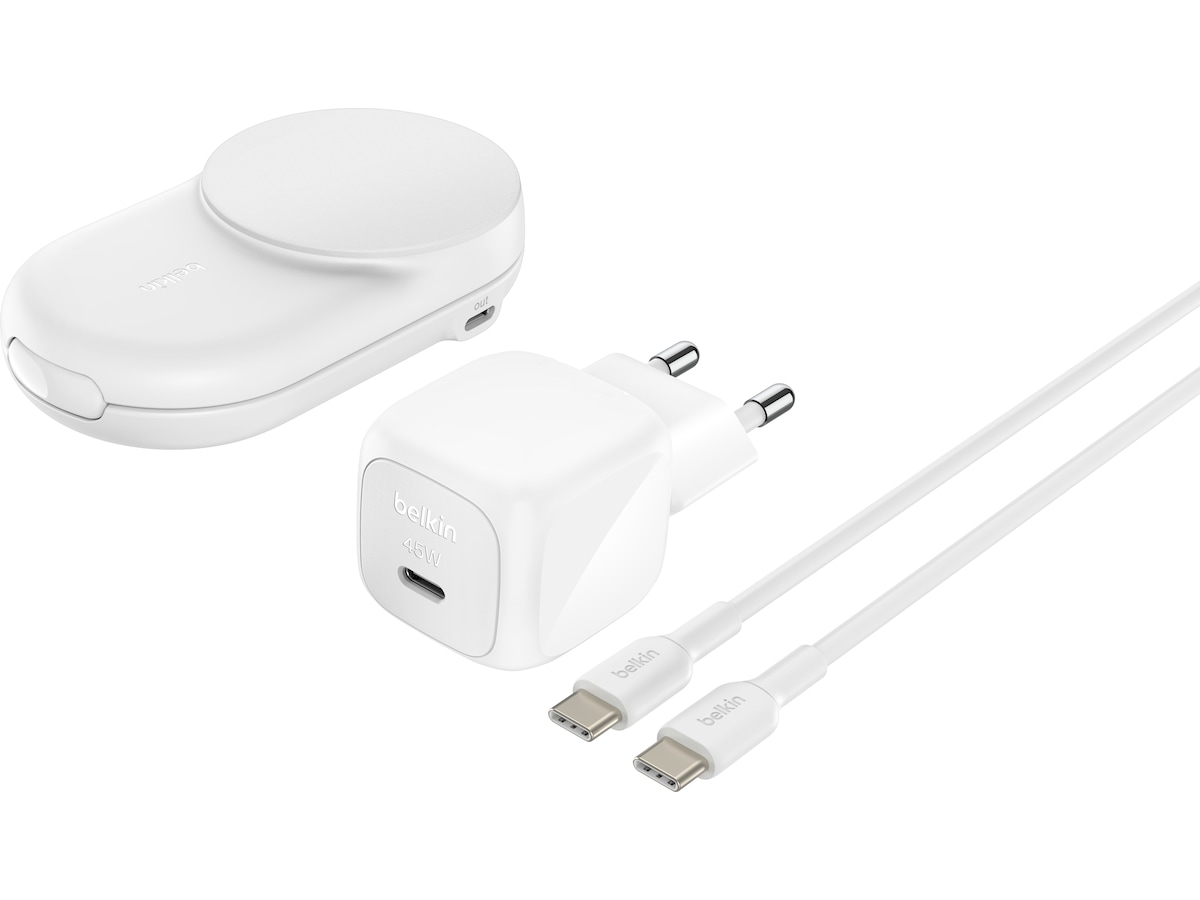 Belkin UltraCharge 2-i-1 Qi2 trådløs oplader (hvid) Trådløs oplader