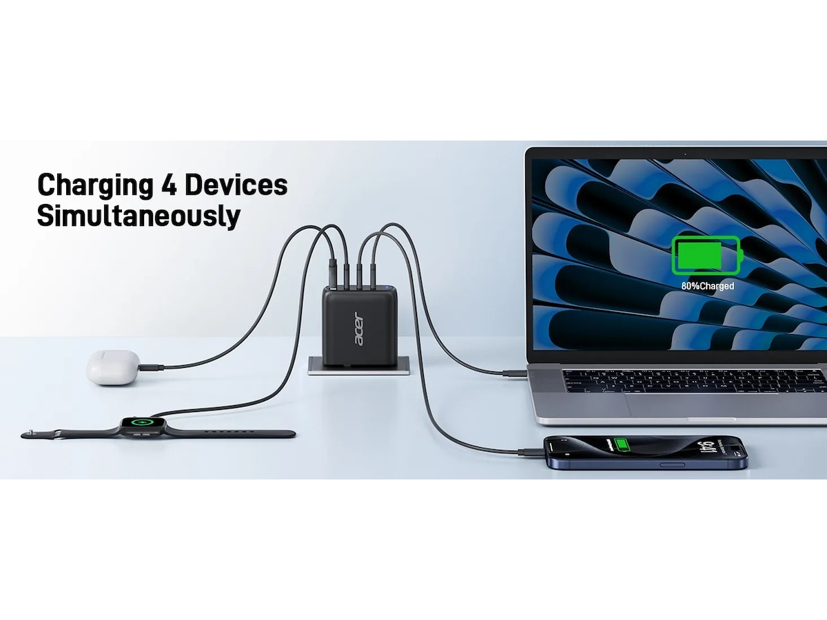 Acer 100W GaN PD-lader med 4 porte Batteri og lader