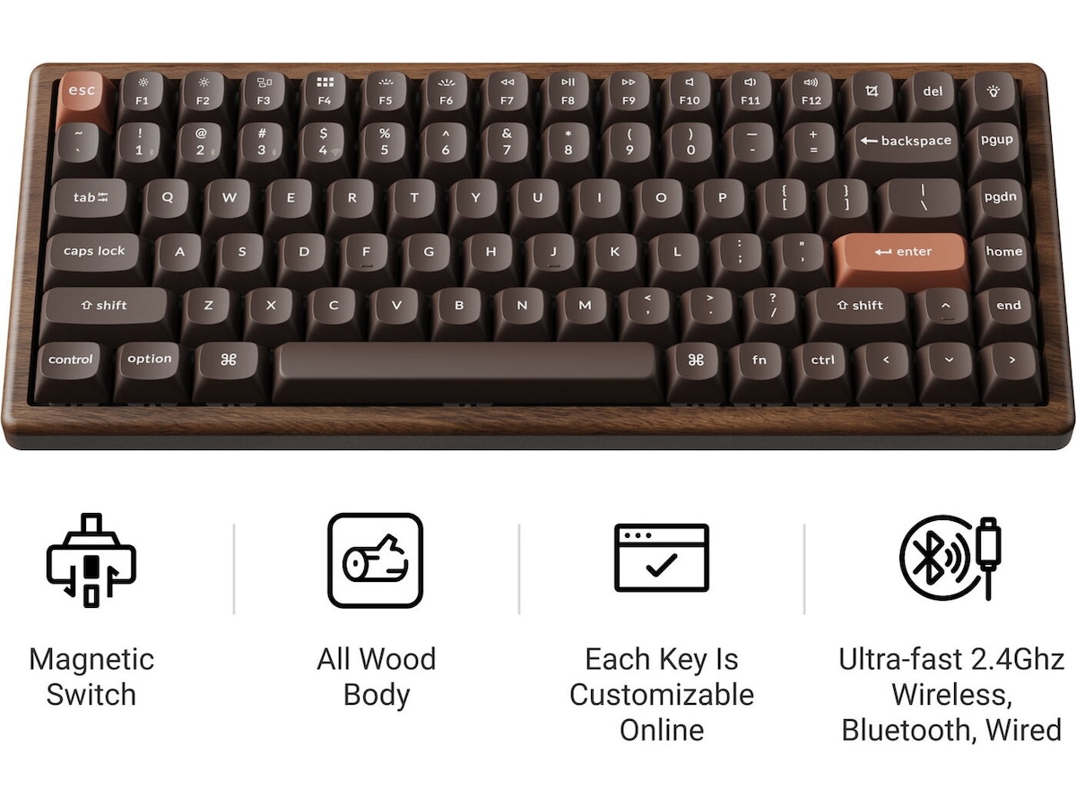 Keychron K2H-F1W-BO mekanisk tastatur 75% trådløst (valnød) Gamingkeyboard