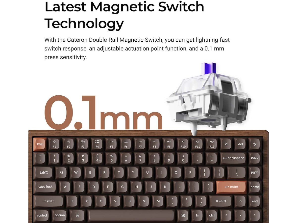 Keychron K2H-F1W-BO mekanisk tastatur 75% trådløst (valnød) Gamingkeyboard