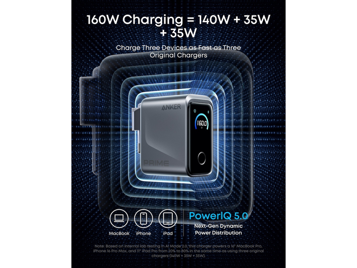 Anker Prime 160W 3 porter lader (sølv) Mobilopladere