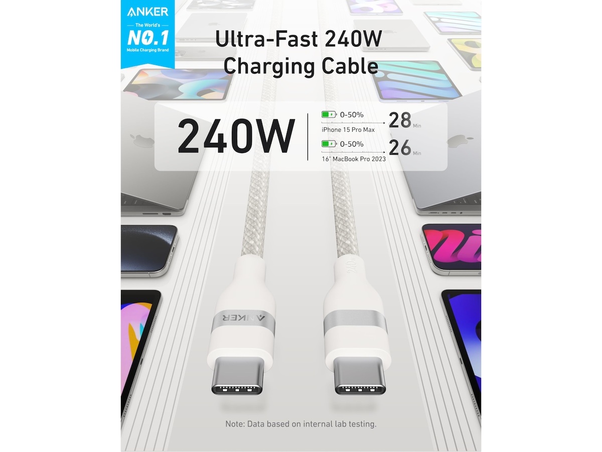 Anker 240W USB-C flettet kabel 1,8m (hvid) USB-kabler