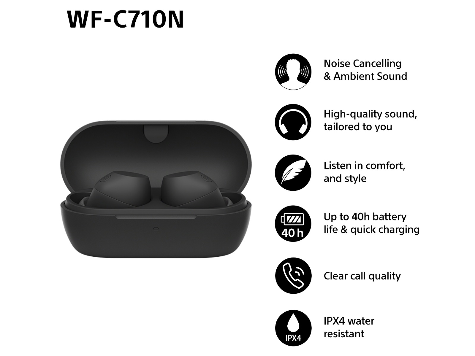 Sony WF-C710N Trådløse høretelefoner, Earbuds med mikrofon (sort) In-ear høretelefoner