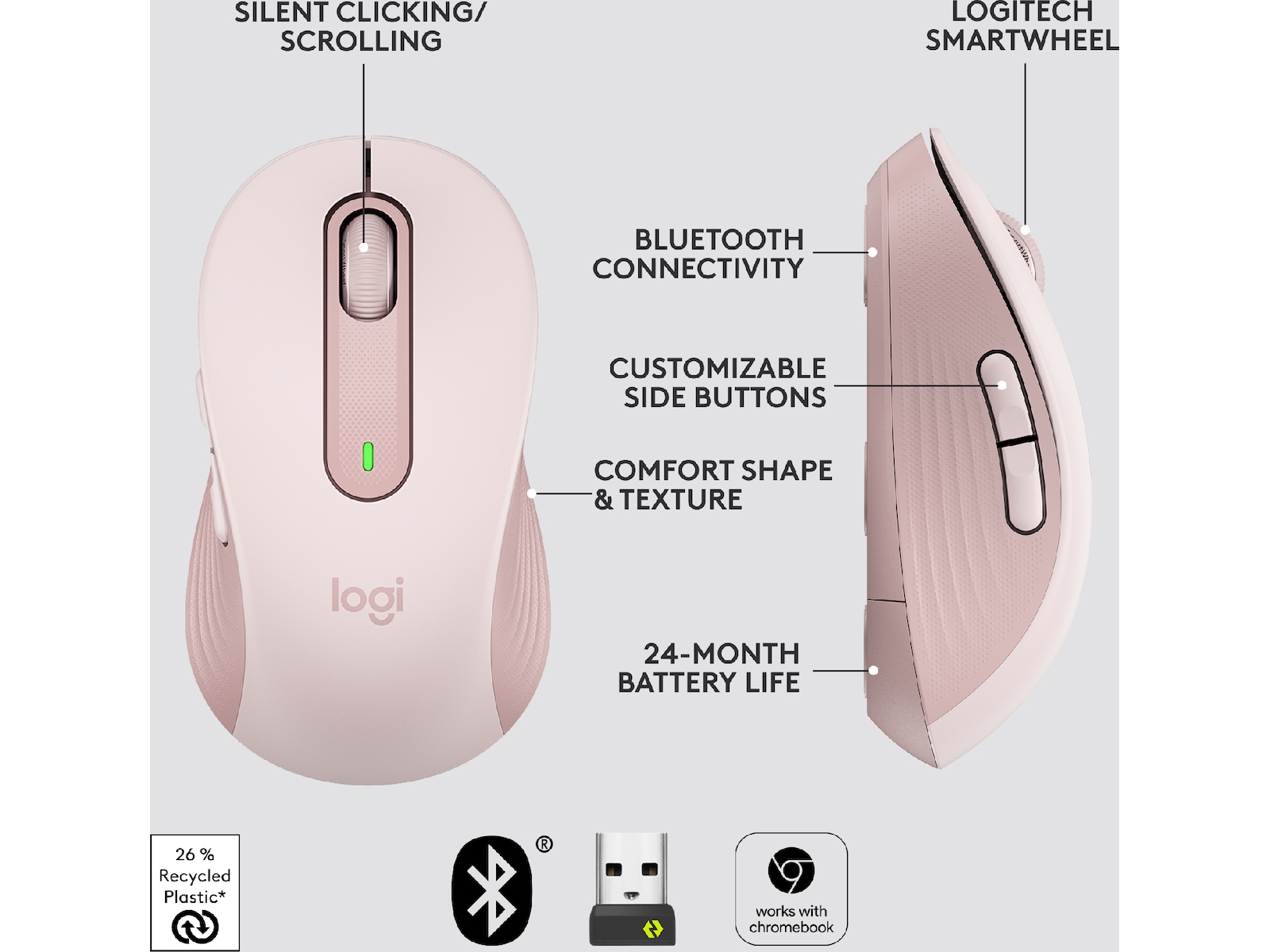 Logitech Signature M650 Medium  trådløs mus Pink Mus