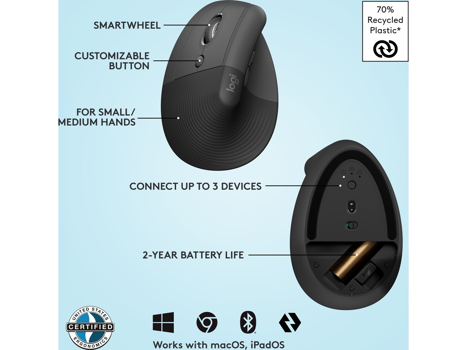 Logitech Lift Vertikal Venstre mus (graphite) Mus