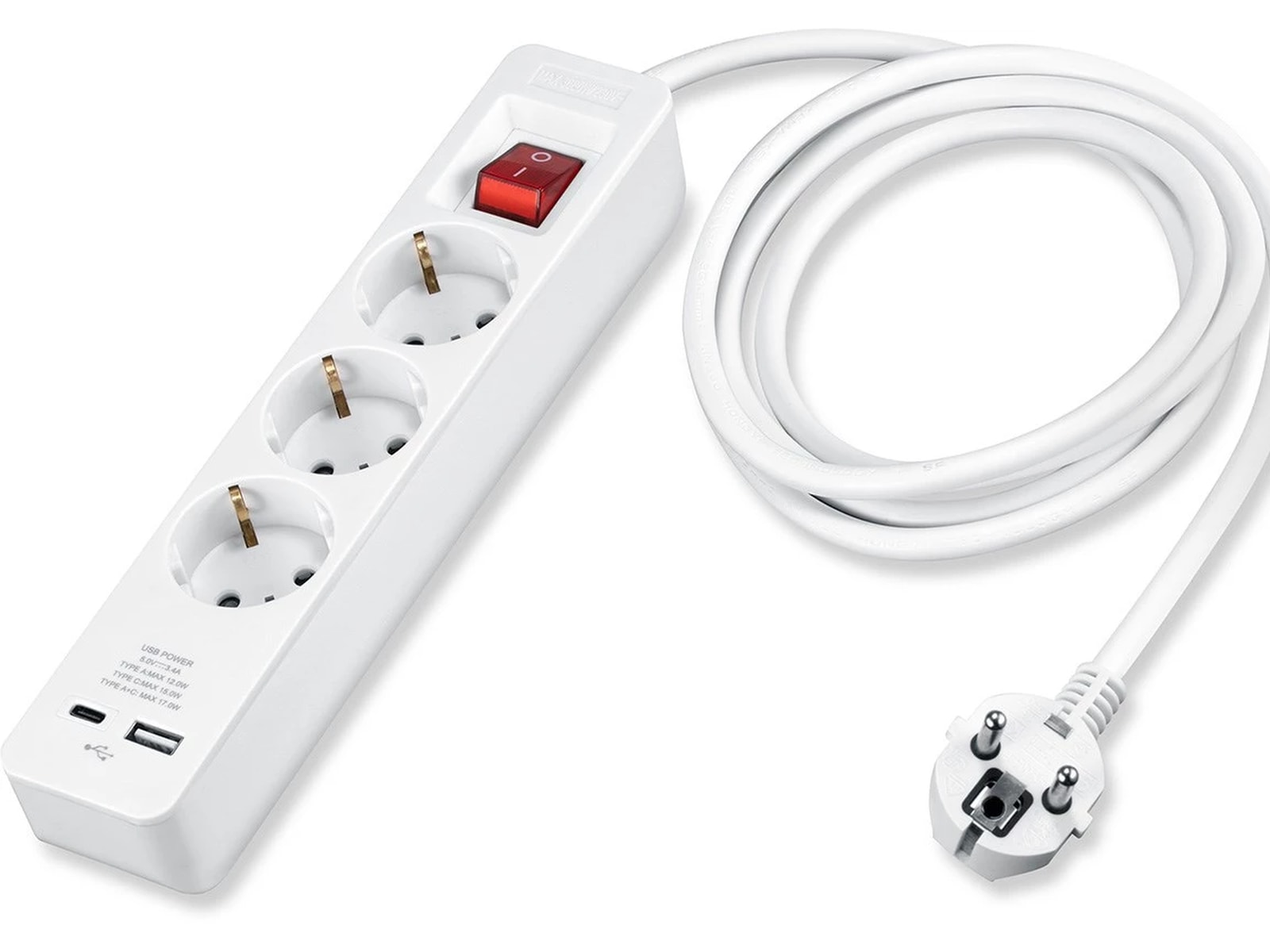 Andersson Strømfordeler 3x stik og 2x USB 1,5m (hvid) Forlængerkabel & strømskinne