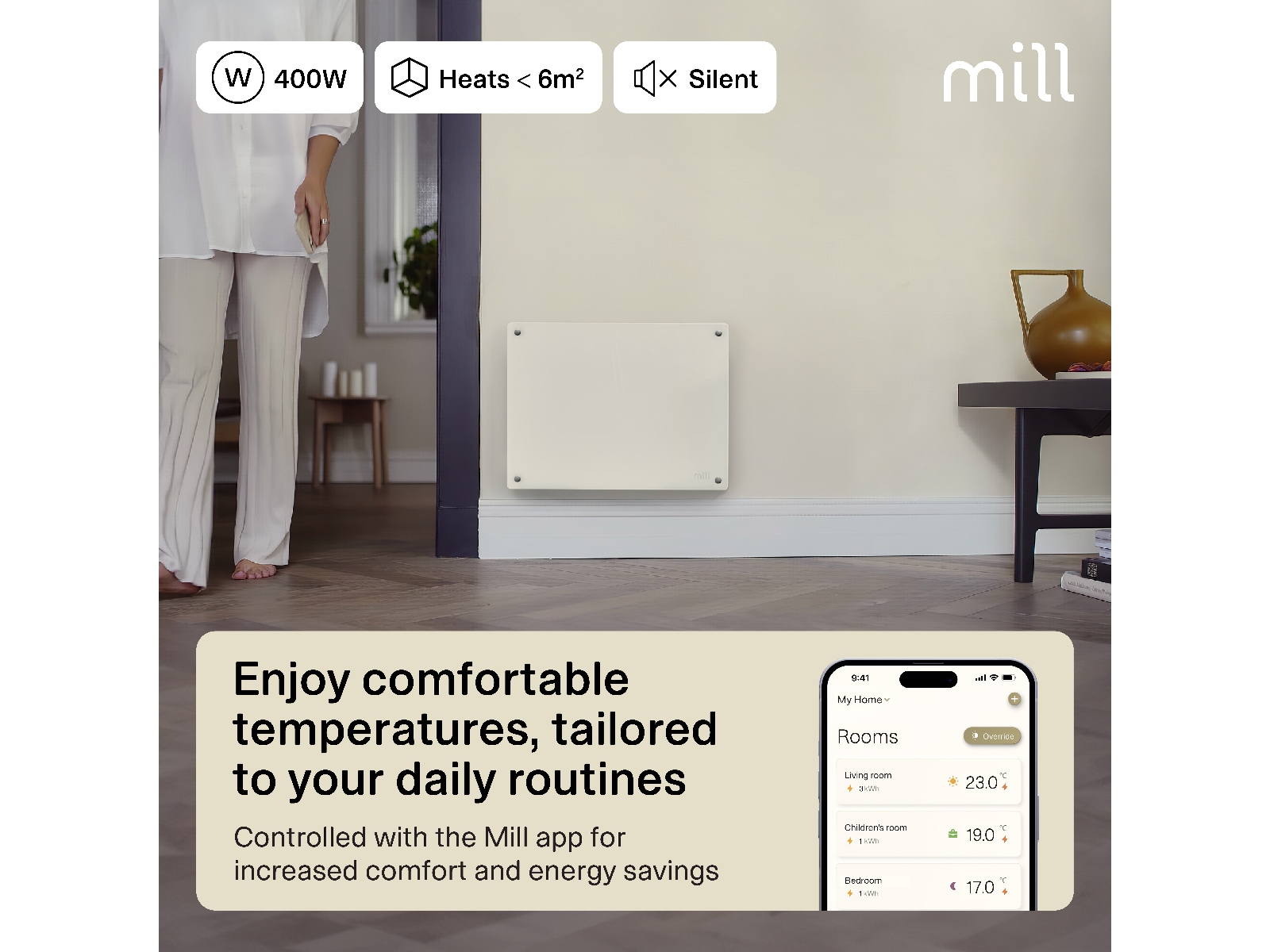 Mill Glass Smart WiFi Gen 4 panelovn 400W Varmepaneler