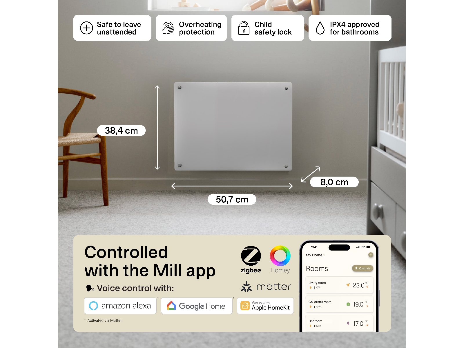 Mill Glass Smart WiFi Gen 4 panelovn 400W Varmepaneler