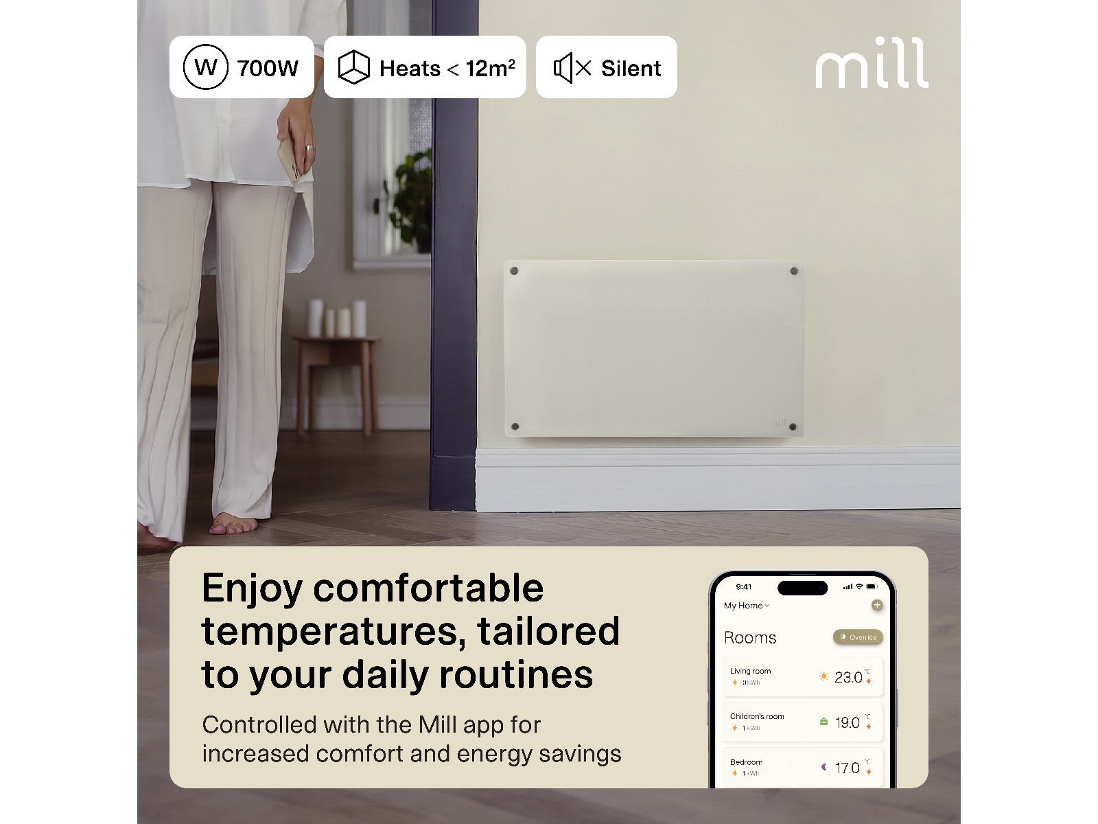 Mill Glass Smart WiFi Gen 4 700W (hvid) Varmepaneler