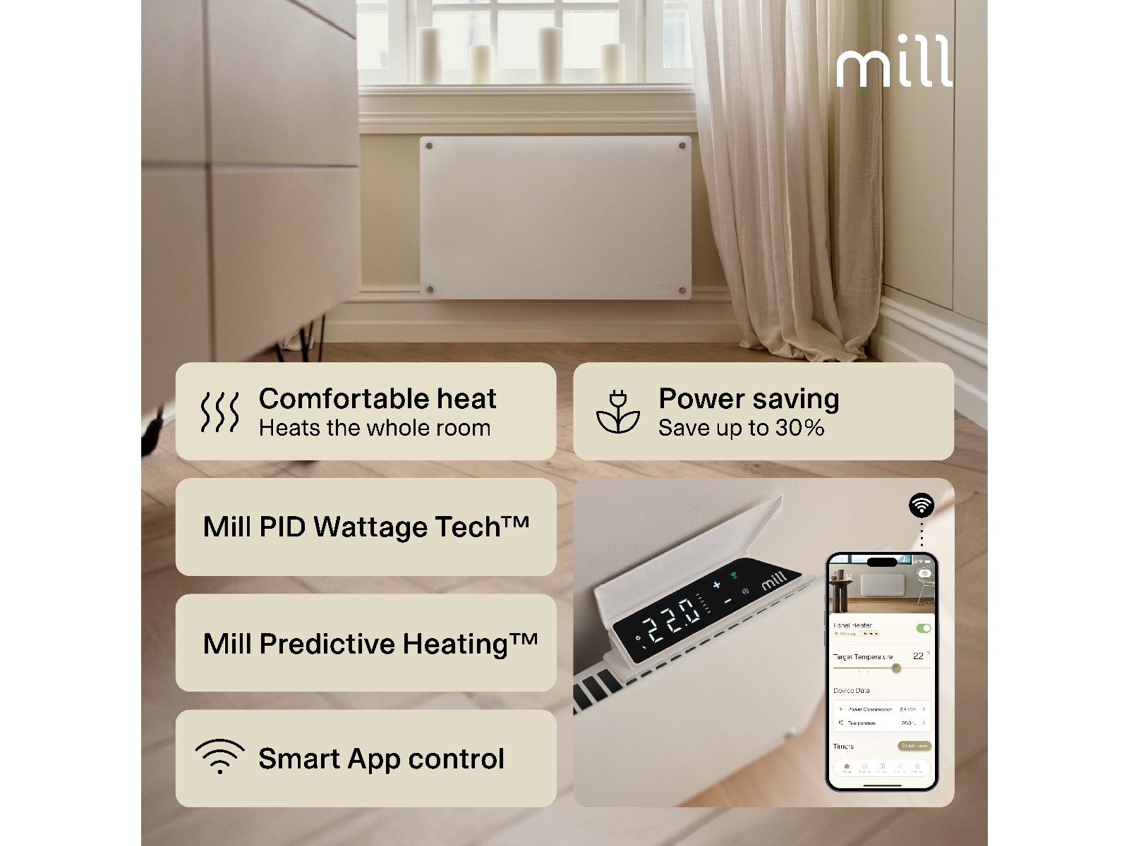 Mill Glass Smart WiFi Gen 4 700W (hvid) Varmepaneler