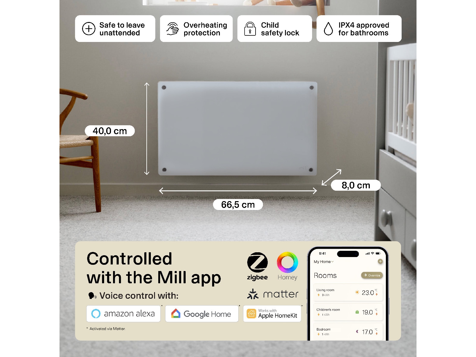 Mill Glass Smart WiFi Gen 4 700W (hvid) Varmepaneler