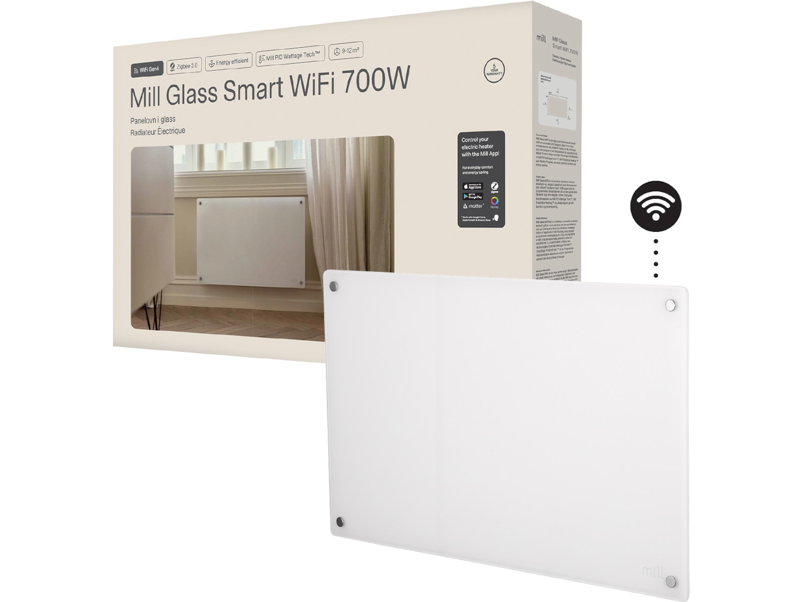 Mill Glass Smart WiFi Gen 4 700W (hvid) Varmepaneler