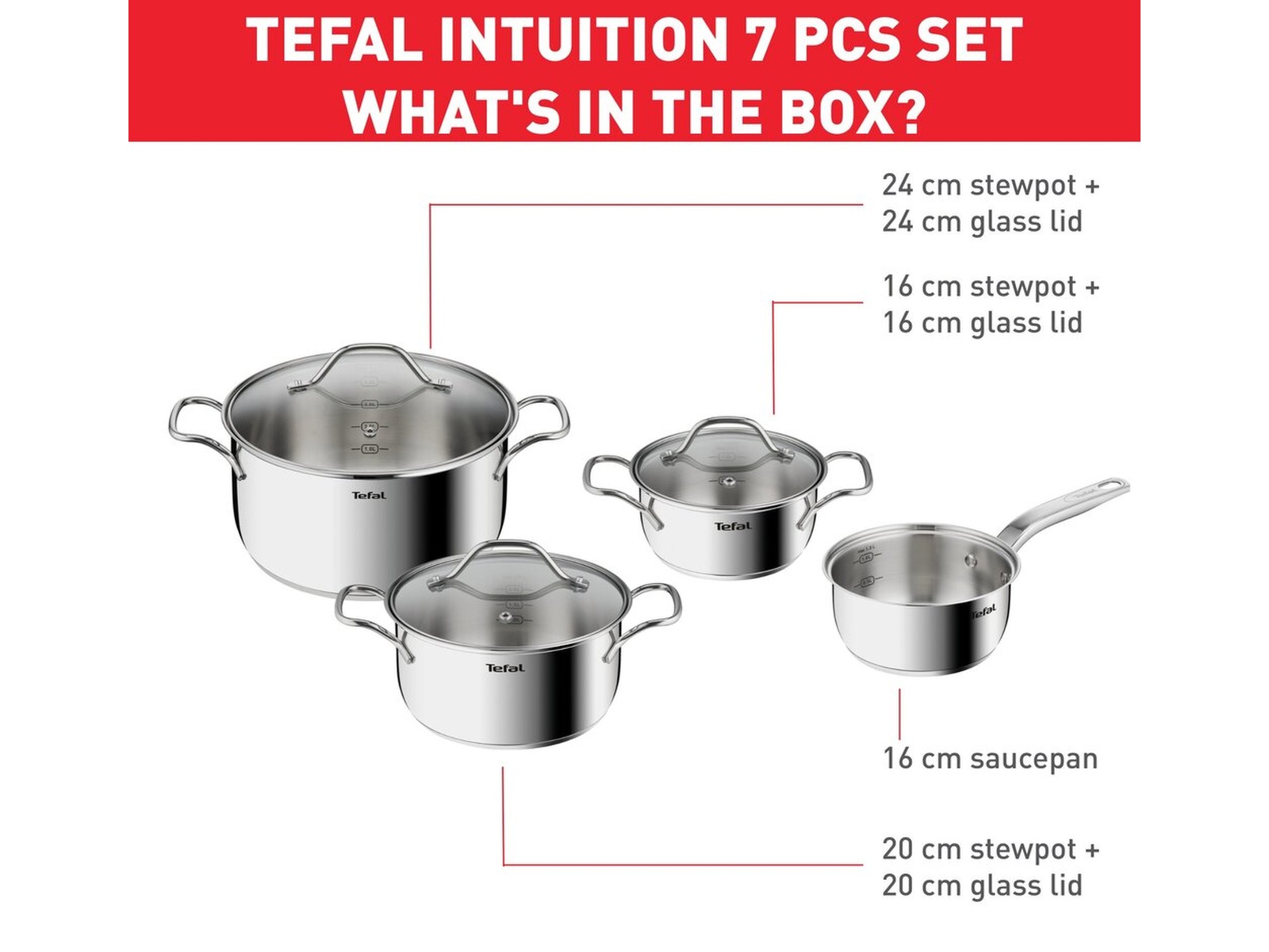Tefal Intuition 7-delt grydesæt i ubelagt rustfrit stål B864S734 Tilbehør til komfurer, kogeplader og ovne