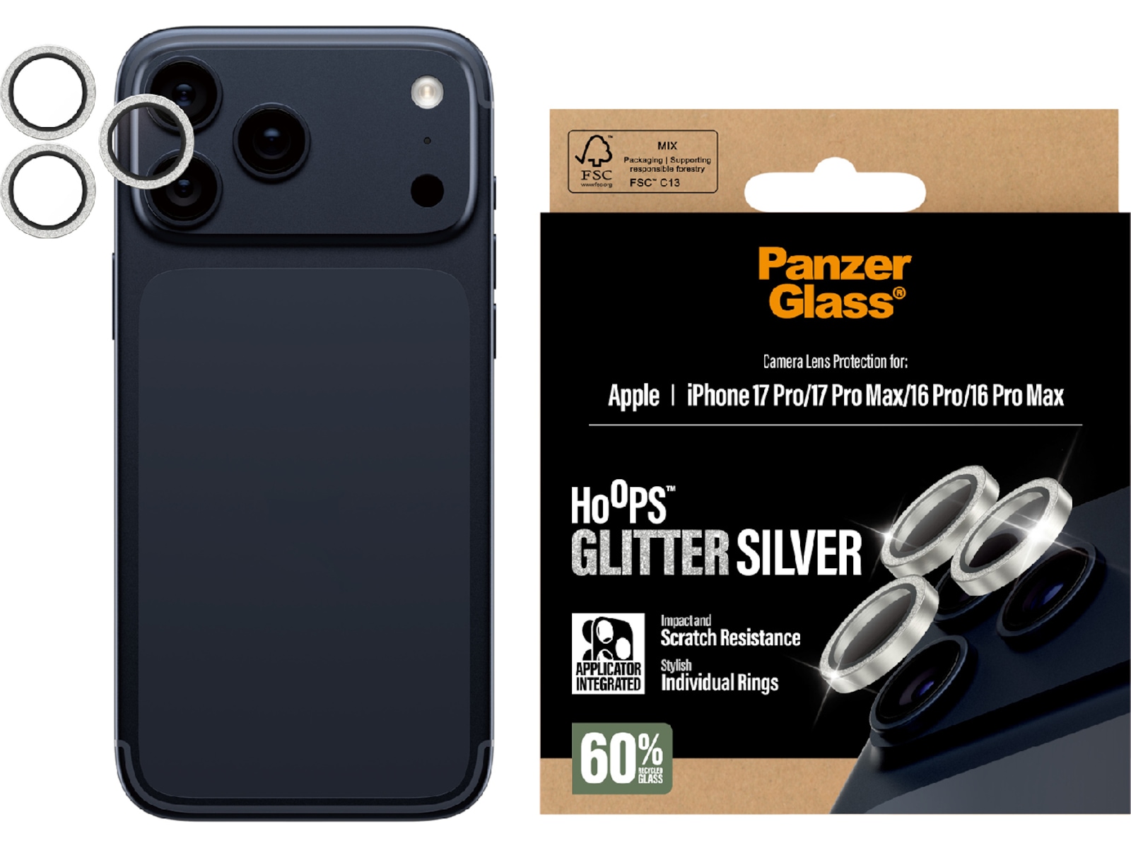 PanzerGlass iPhone 17 Pro / 17 Pro Max / 16 Pro / 16 Pro Max Hoops Linsebeskytter (glitter silver) Skærmbeskyttelse mobiltelefon