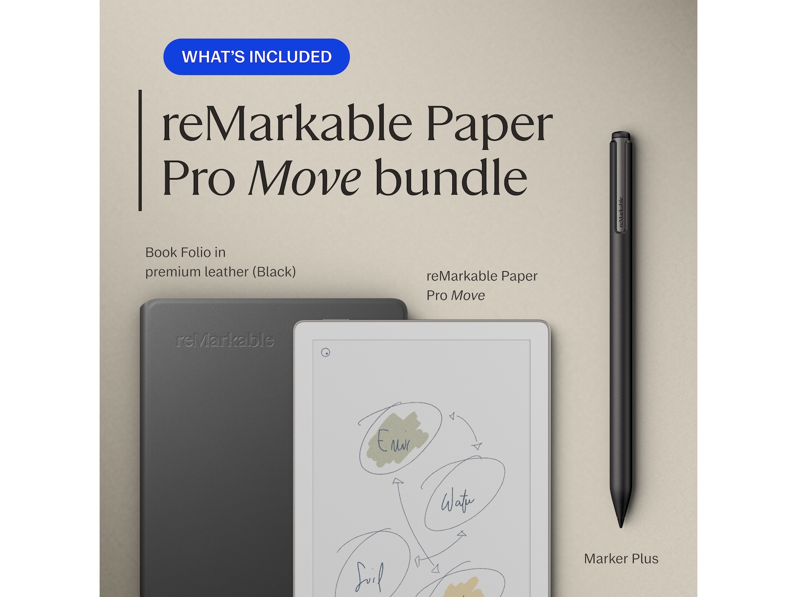 reMarkable Paper Pro Move 7.3" inkl. Marker Plus & Book Folio (sort skinn) Digitale paper & tilbehør