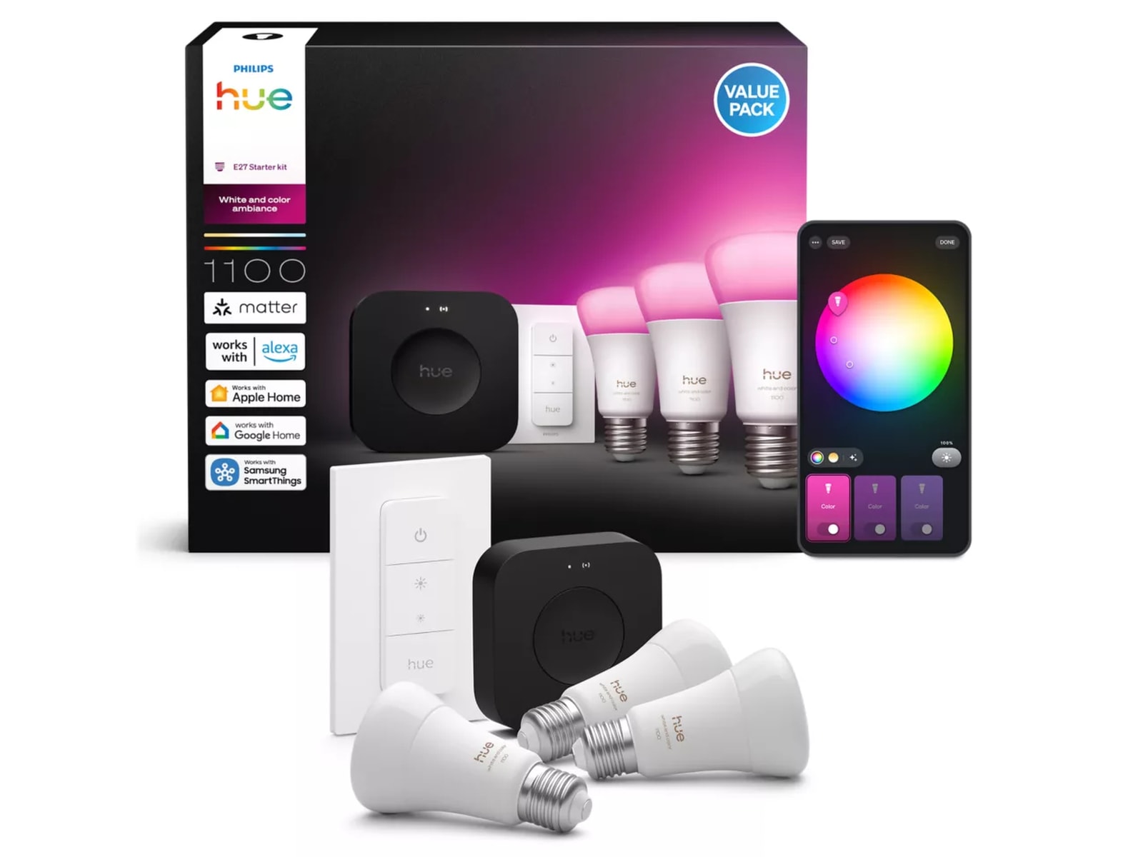 Philips Hue WCA startpakke (3x E27 + lysdæmper + Bridge Pro) LED-pærer & elpærer
