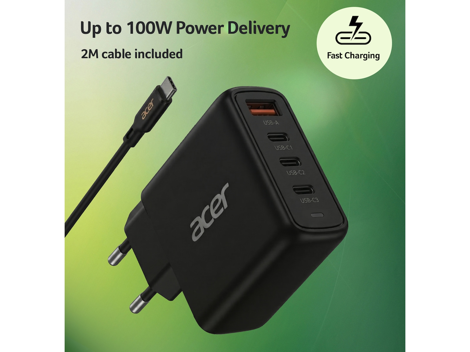 Acer 100W GaN PD-lader med 4 porte Batteri og lader