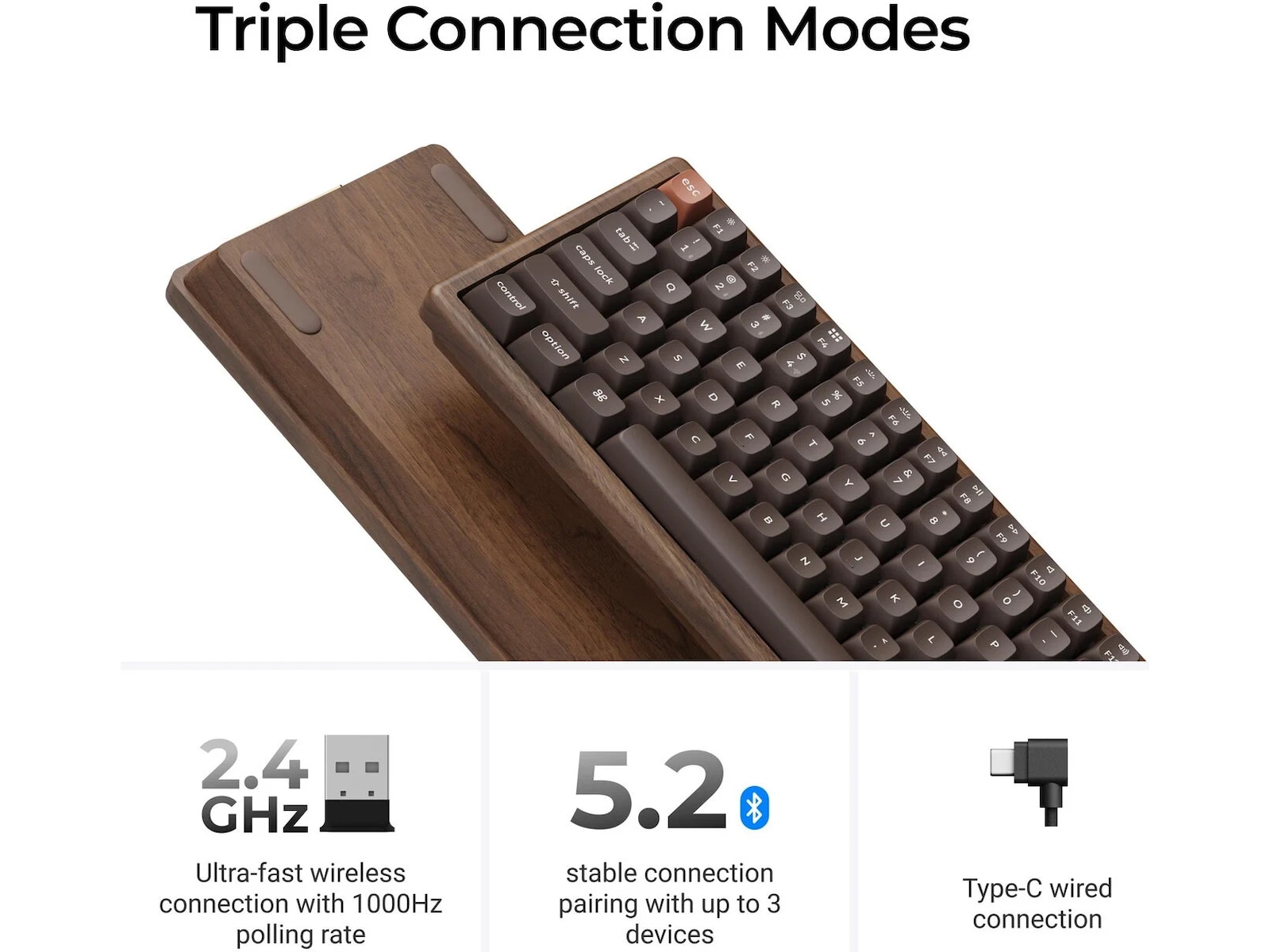 Keychron K2H-F1W-BO mekanisk tastatur 75% trådløst (valnød) Gamingkeyboard