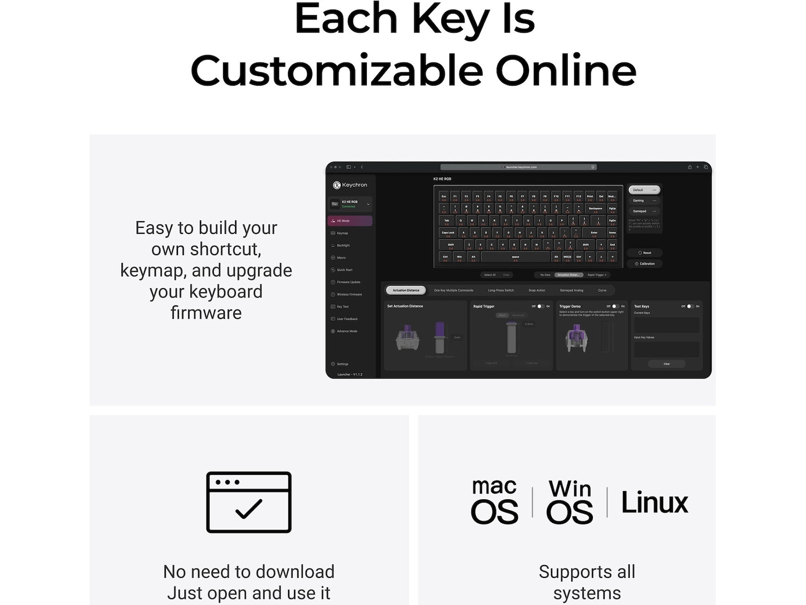 Keychron K2H-F1W-BO mekanisk tastatur 75% trådløst (valnød) Gamingkeyboard