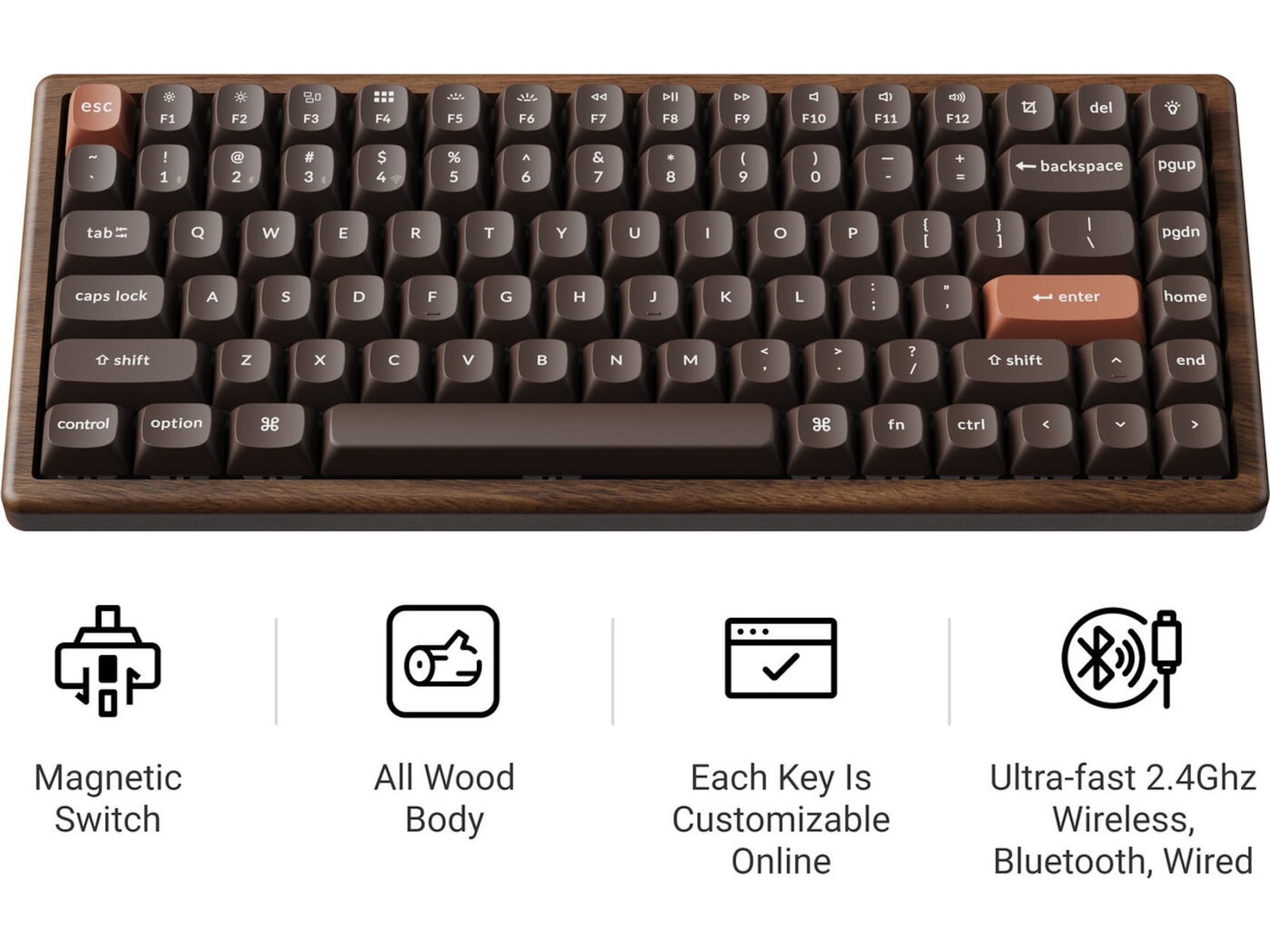 Keychron K2H-F1W-BO mekanisk tastatur 75% trådløst (valnød) Gamingkeyboard